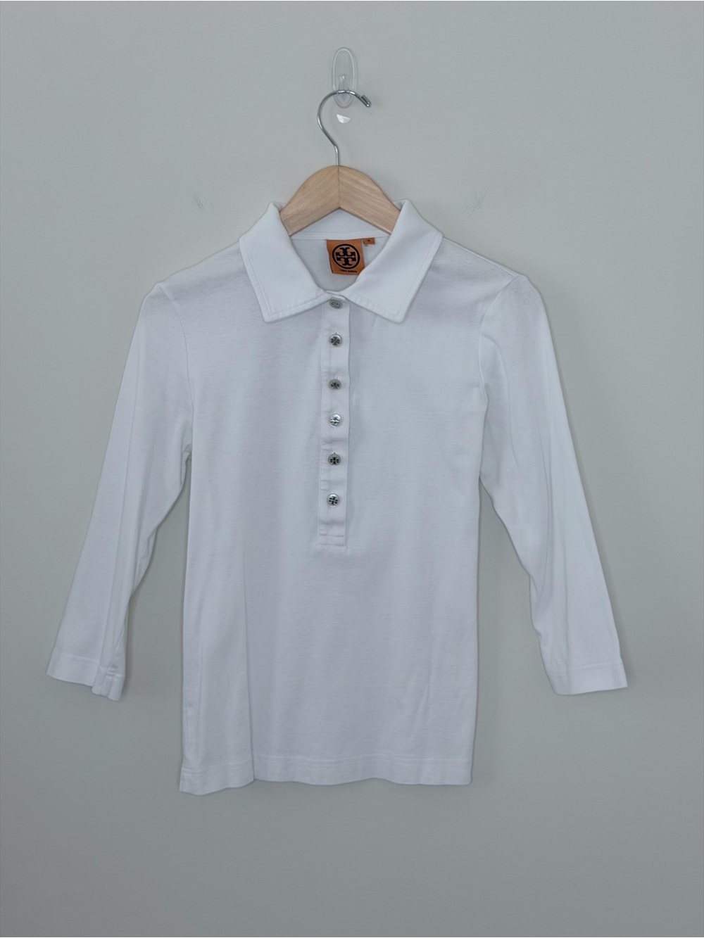 Tory Burch White Knit Polo Top Logo Buttons 3/4 Sleeve Stretch Classic Size M - Picture 2 of 11